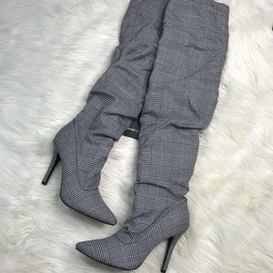 Gingham print knee High boots